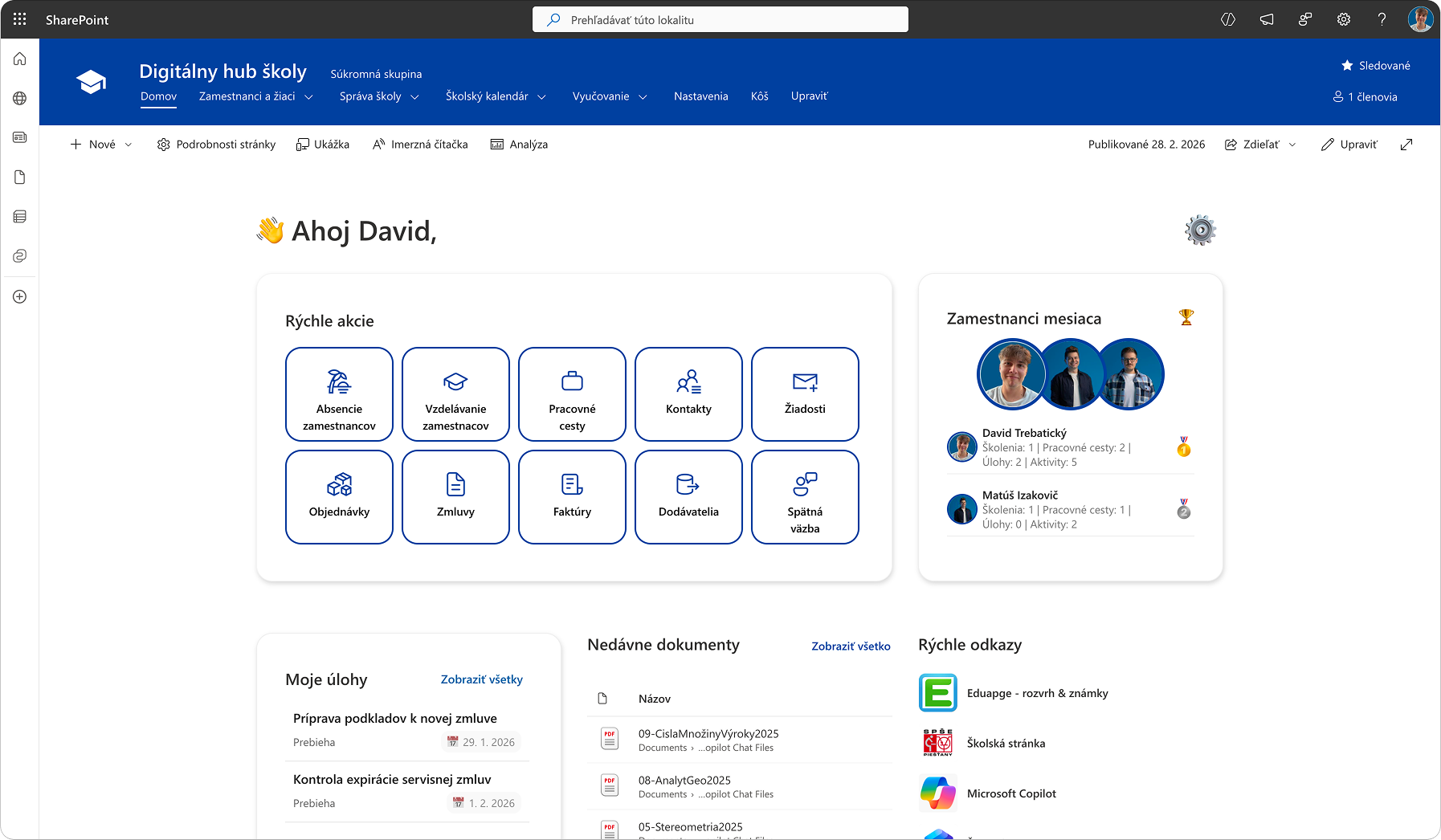 Ukážka homepage dashboardu pre vedenie školy